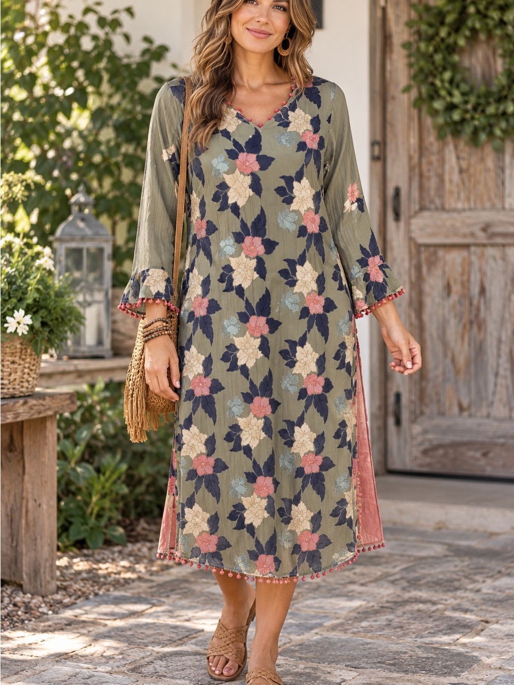 olive green long kurta featuring colorful floral embroidery and delicate pom-pom
